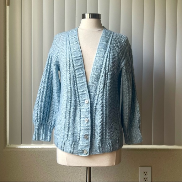Blue Wool Handcrafted V neck button down Cardigan sweater SZ: M - Picture 3 of 11